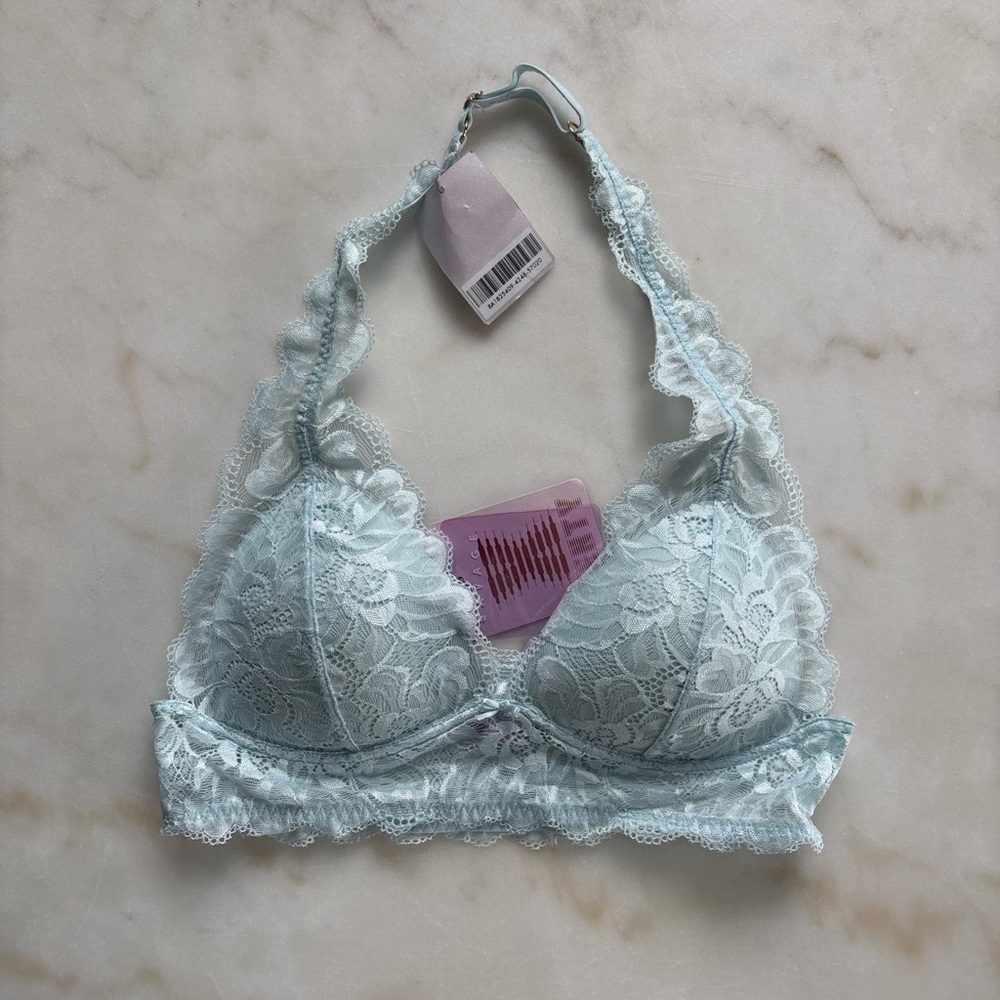 Savage X Fenty Women’s Wireless Lace Halter Bralette Ice Blue Floral Size S NWT